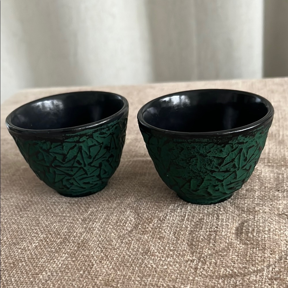 Green Textured Ceramic Cups 2”H 2.75”W set of 2